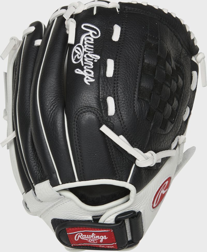 Back of a black RSO120BW 12-inch Shut Out softball glove with a Velcro wrist strap