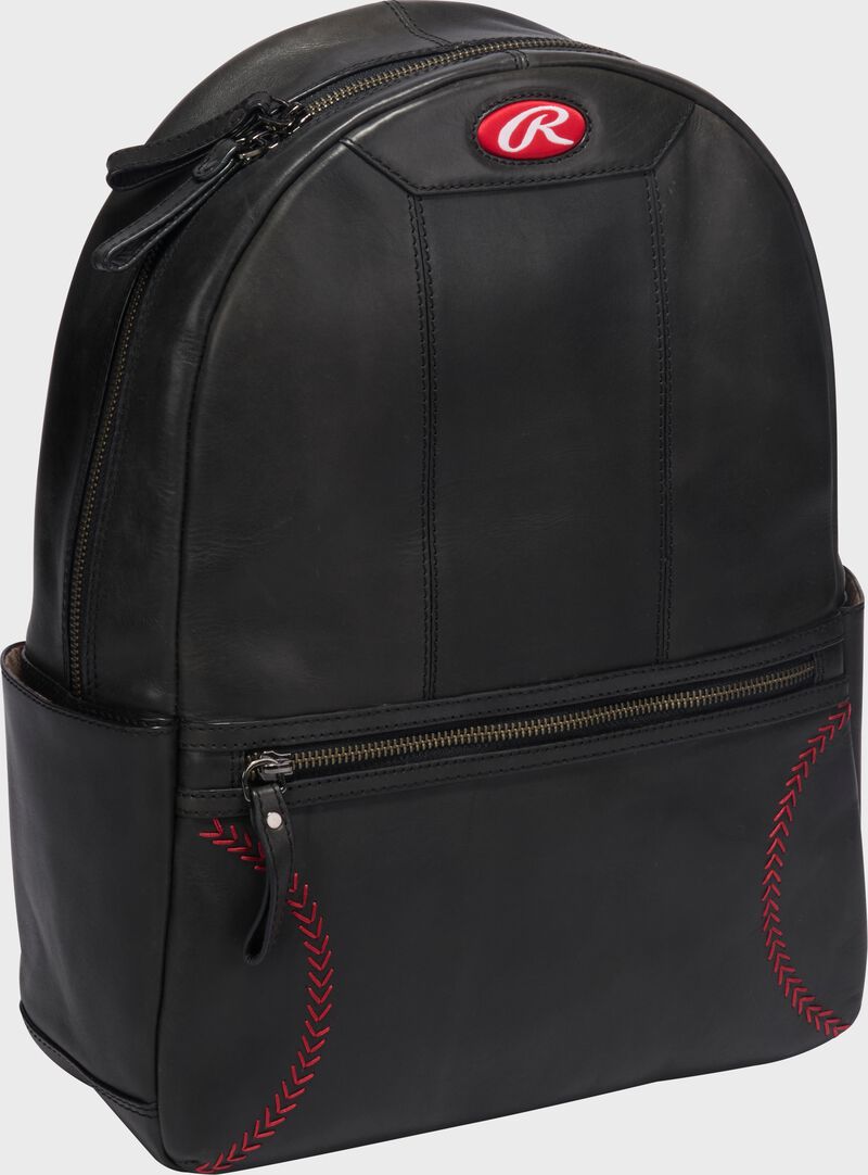 Side angle view of a black Rawlings Double Play mini backpack