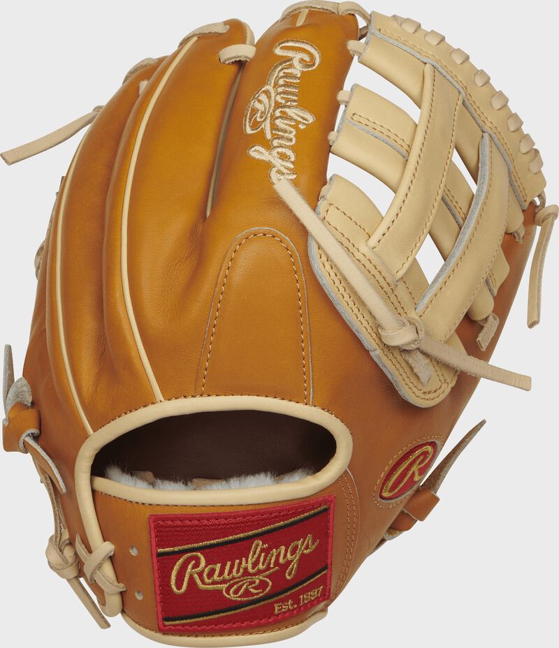 PROS204-6CT Rawlings 11.5-inch H web glove with a rich tan Kip leather back