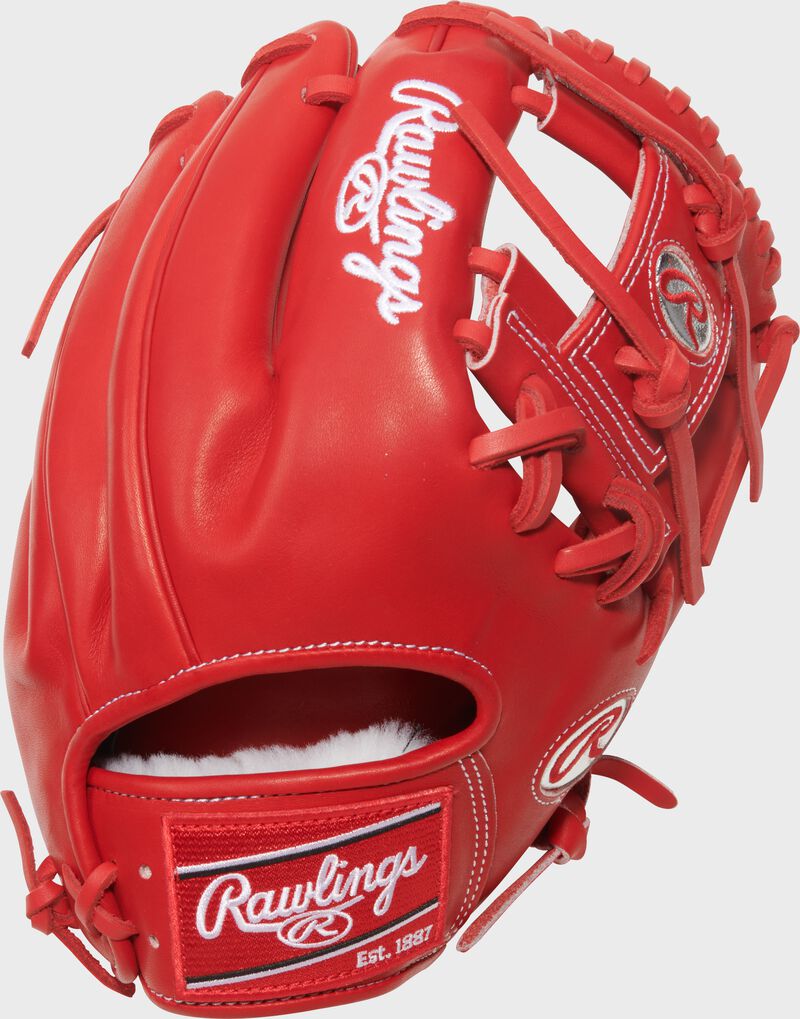 Scarlet back of a Gameday 57 Series Andrés Giménez Pro Preferred Glove with a red Rawlings patch