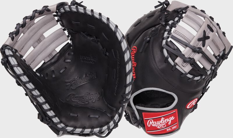 2 images showing the back & palm of a Rawlings Foundation Series Aaron Judge youth first base mitt - SKU: RSGRFDCT8-10B