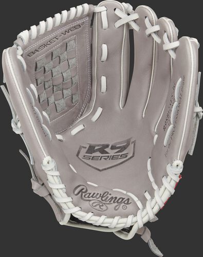 Gray palm of a Rawlings R9 softball glove with a gray web and white laces - SKU: R9SB125FS-3G