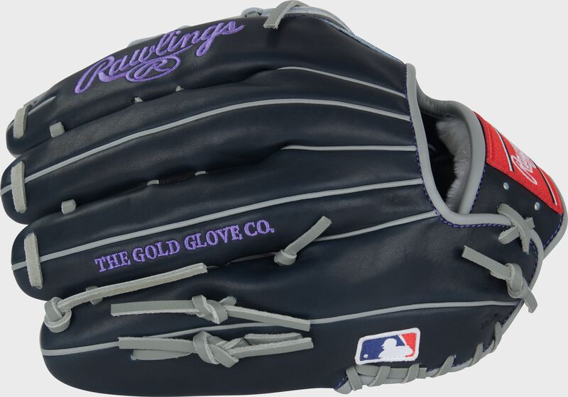 Back of a navy Aaron Judge Pro Preferred 12.75-Inch Outfield Glove with the MLB logo on the pinky