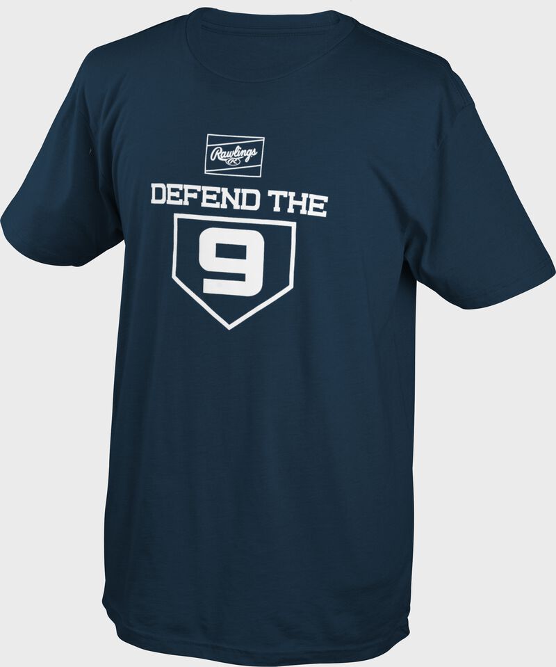 A navy Rawlings Defend the 9 short sleeve shirt with a Rawlings patch and Defend the 9 logo - CLM3 loading=