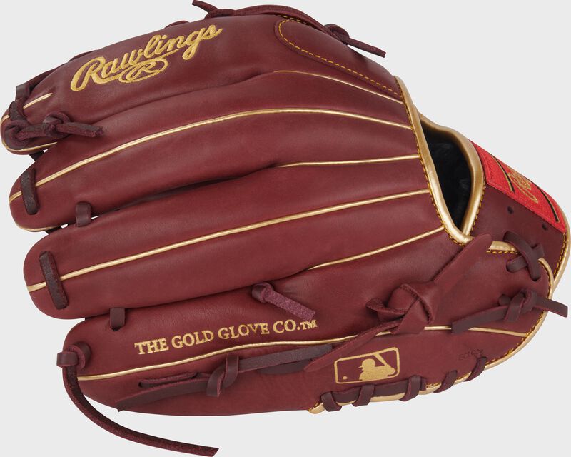 Back of a sherry R9 Series 12-Inch Infield/Pitcher's Glove with the MLB logo on the pinky