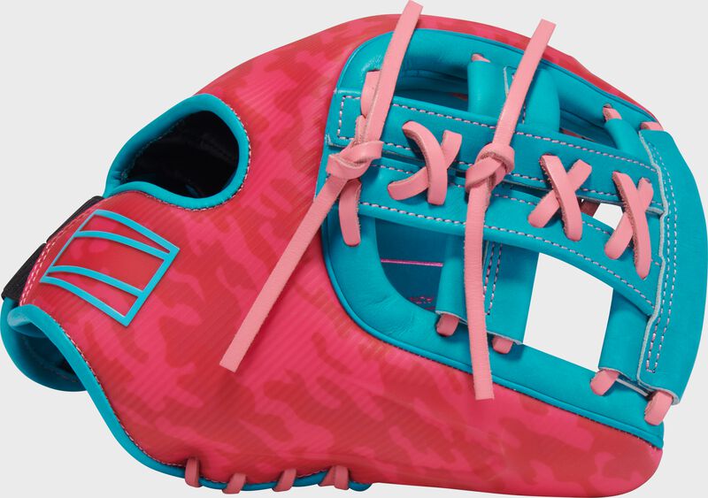 Thumb of a pink Rawlings Electric Unicorn REV1X 11.5" glove with a teal split laced single post web