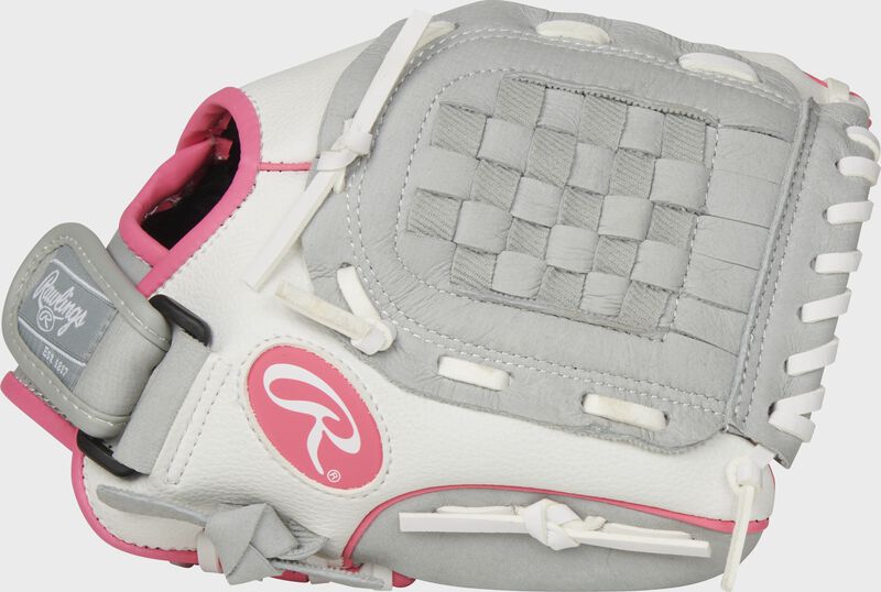 Thumb of a white/gray Rawlings 10.5-inch fastpitch softball glove with a gray basket web - SKU: ACAFP105GW loading=