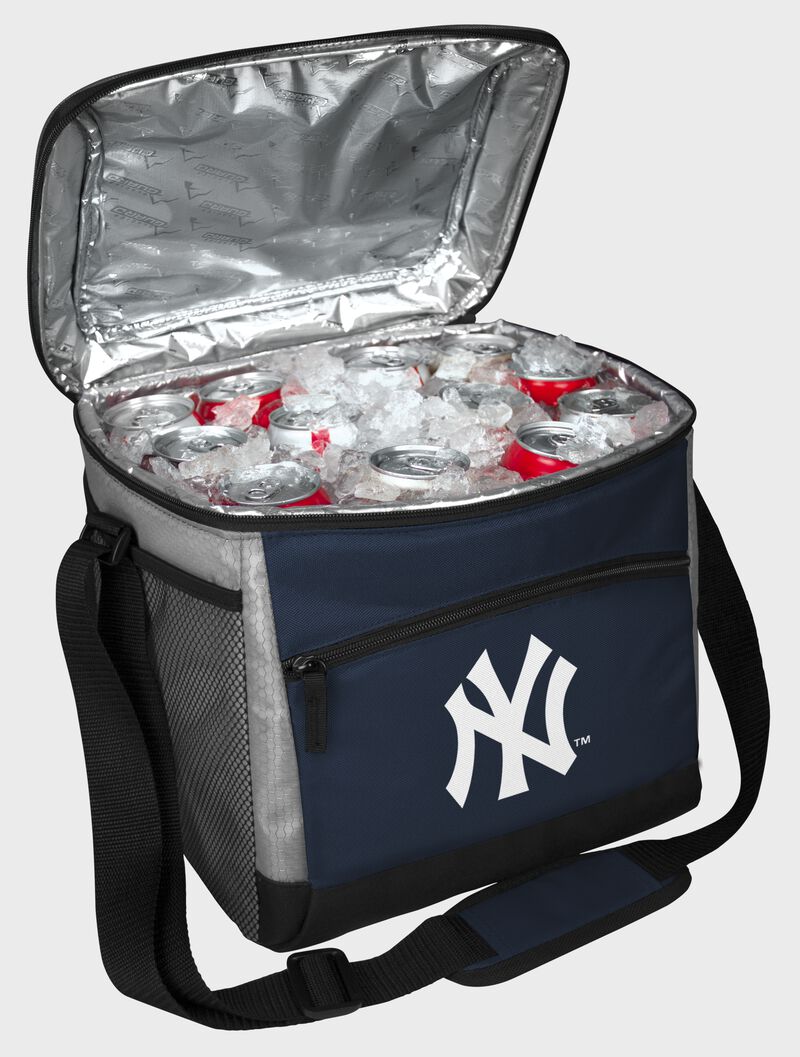 An open New York Yankees 24 can cooler with ice and drinks