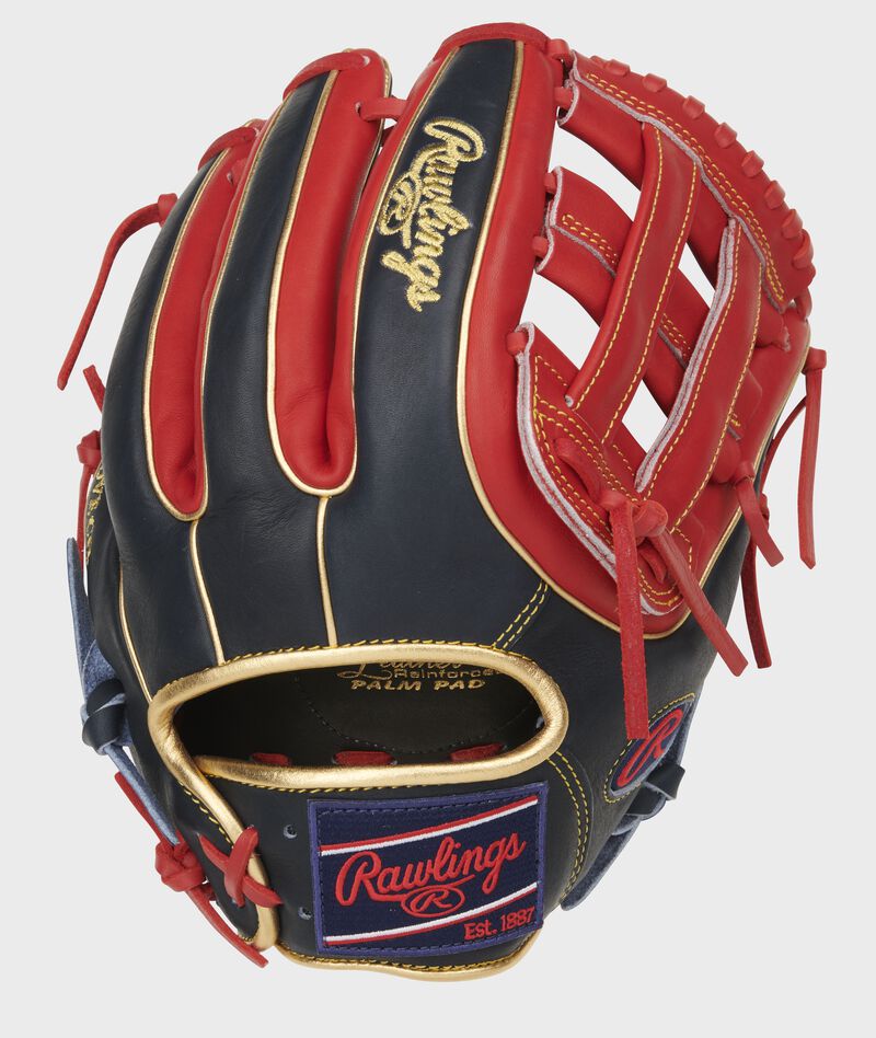 Navy/scarlet back of a Heart of the Hide H-web glove with gold binding/welting - SKU: PRO315-6NS