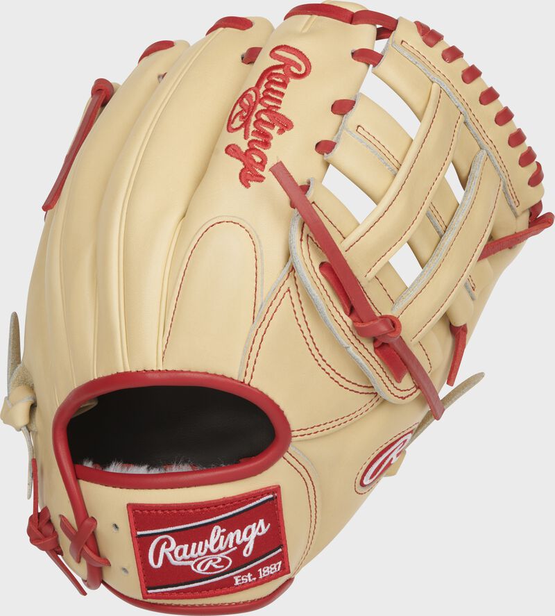 Shell back view of camel and red 2021 Xander Bogaerts Pro Preferred infield glove