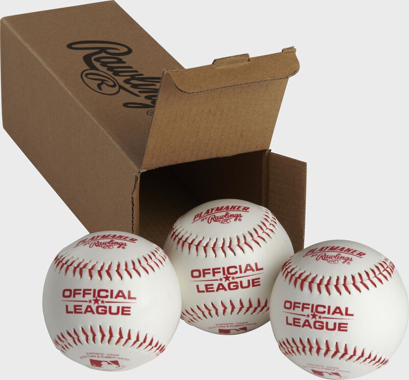 3 Rawlings Playmaker balls in front of an open box - SKU: PMBBPK3