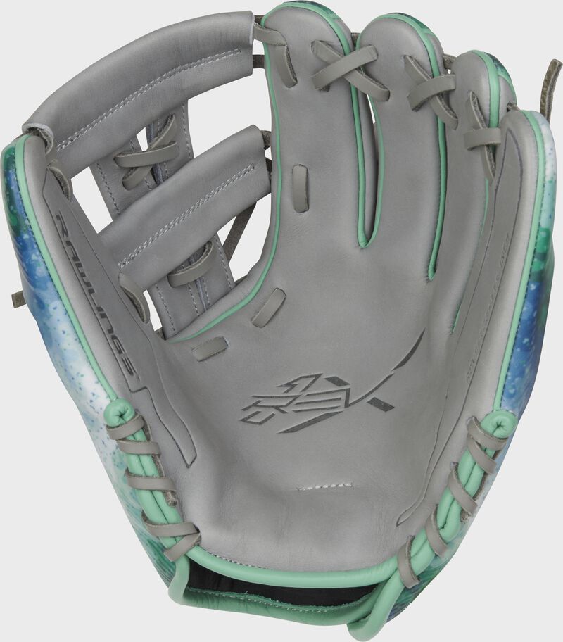 Gray palm of a Rawlings REV1X infield glove with gray laces - SKU: REVFL12G loading=