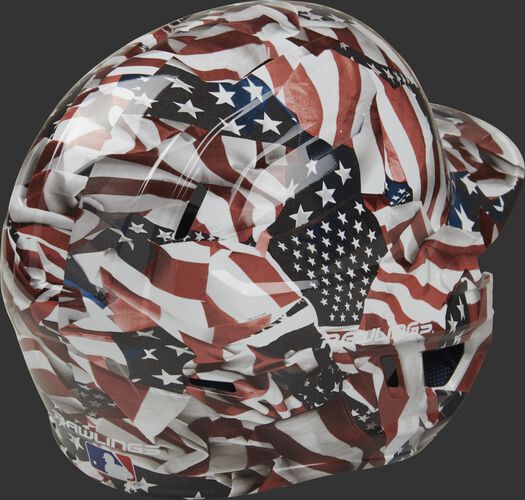 Back right of a MACHEXTR-USA Rawlings Mach EXT batters helmet with a USA themed hydro dip design