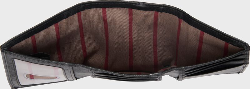 Inside view of a black Rawlings Home Run Tri-Fold wallet opened up