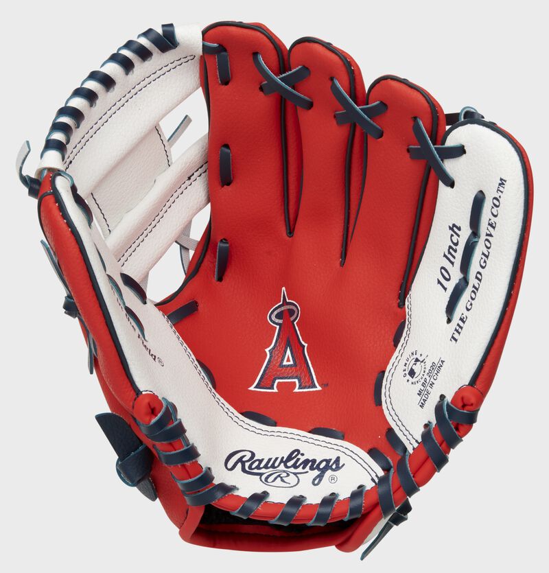 A red Rawlings Los Angeles Angels glove with the Angels logo stamped in the palm - SKU: 22000001111