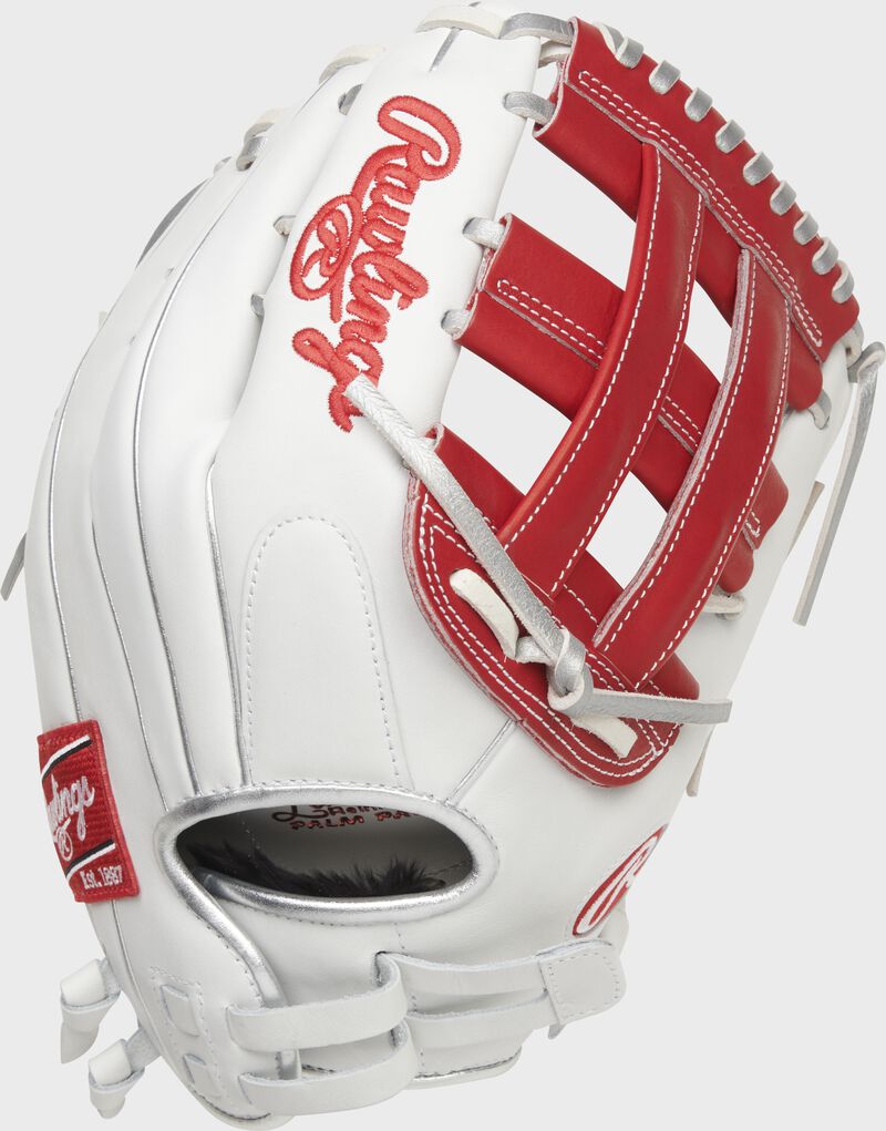 Back of a white/scarlet Liberty Advanced Color Series outfield glove with a pull strap back - SKU: RLA1275SB-6WSP loading=