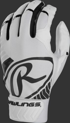Back of a white/black adult 5150 batting glove with a large black oval-R across the back of the palm - SKU: BR51BG-B