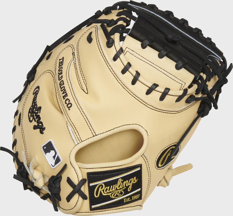 Camel Speed Shell back of a 34-Inch Heart of the Hide ColorSync 5.0 catcher's mitt with a black Rawlings patch - SKU: PROCM43CBG