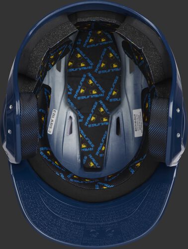 Inside of a navy MCC01 ventilated Mach batting helmet with black foam padding