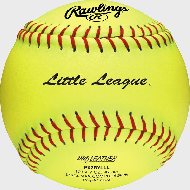 A yellow PX2RYLLL Little League official 12-inch softball with red stitching
