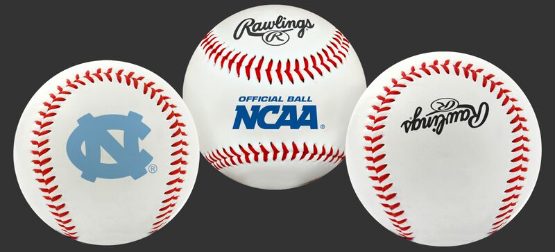 3 views of a NCAA North Carolina Tar Heels baseball with a team logo, NCAA logo and Rawlings logo