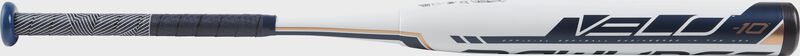 Barrel of a white FP9V10 2019 Velo high school/college softball bat with navy/rose gold accents