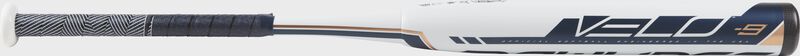 Barrel of a white FP9V9 Velo high school/college softball bat with navy/white grip loading=