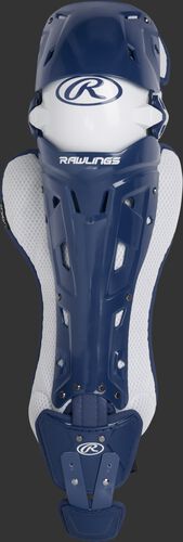 A navy Mach intermediate leg guard with white trim and intelligent knee position system - SKU: MCHLGI-N