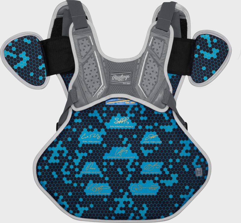 Back of a graphite Rawlings Mach Pro Series chest protector