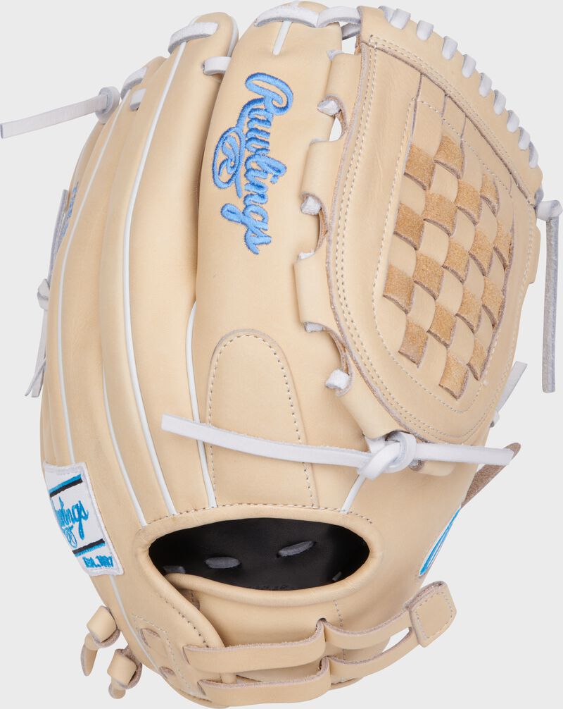 Back of a camel Heart of the Hide 12.25" fastpitch Basket web glove with a Pull Strap back - SKU: PRO125SB-3C