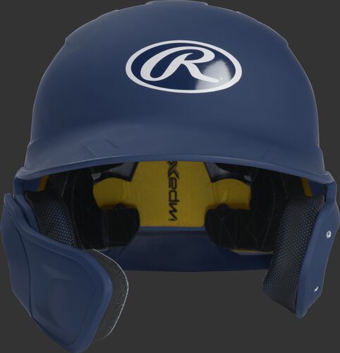 Front of a matte navy MACHEXTL junior size Mach batting helmet with face guard extension for left hand batters