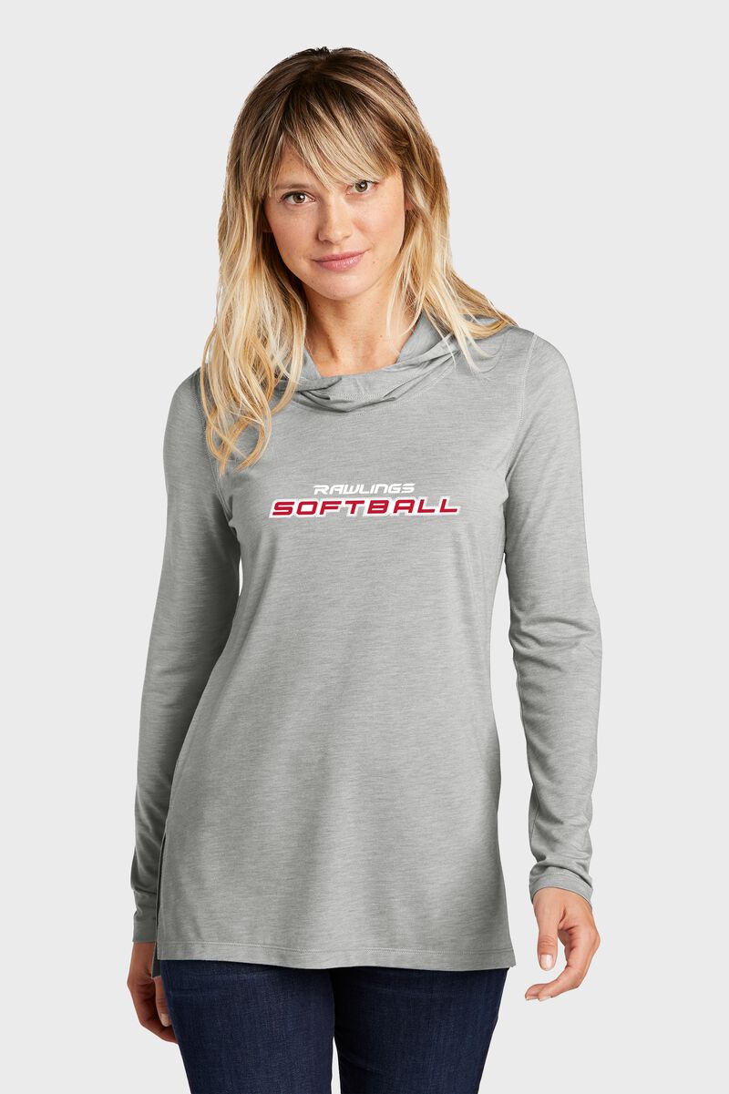 A woman wearing a lightweight Rawlings Softball performance hoodie - SKU: RSGLWH-G