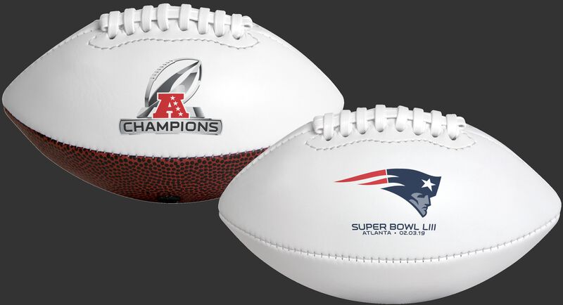 A white 2019 New England Patriots AFC Champions youth football with team logo on one side and Champions logo on the other SKU #06571100124
