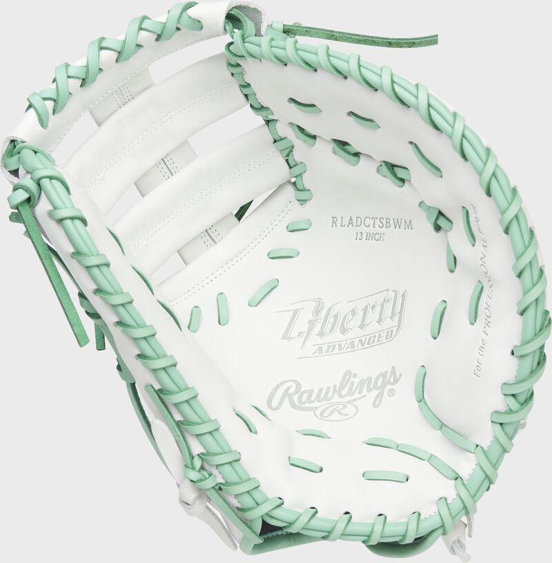White palm of a Rawlings Liberty Advanced Color Series 1st base mitt with mint laces - SKU: RLADCTSBWM
