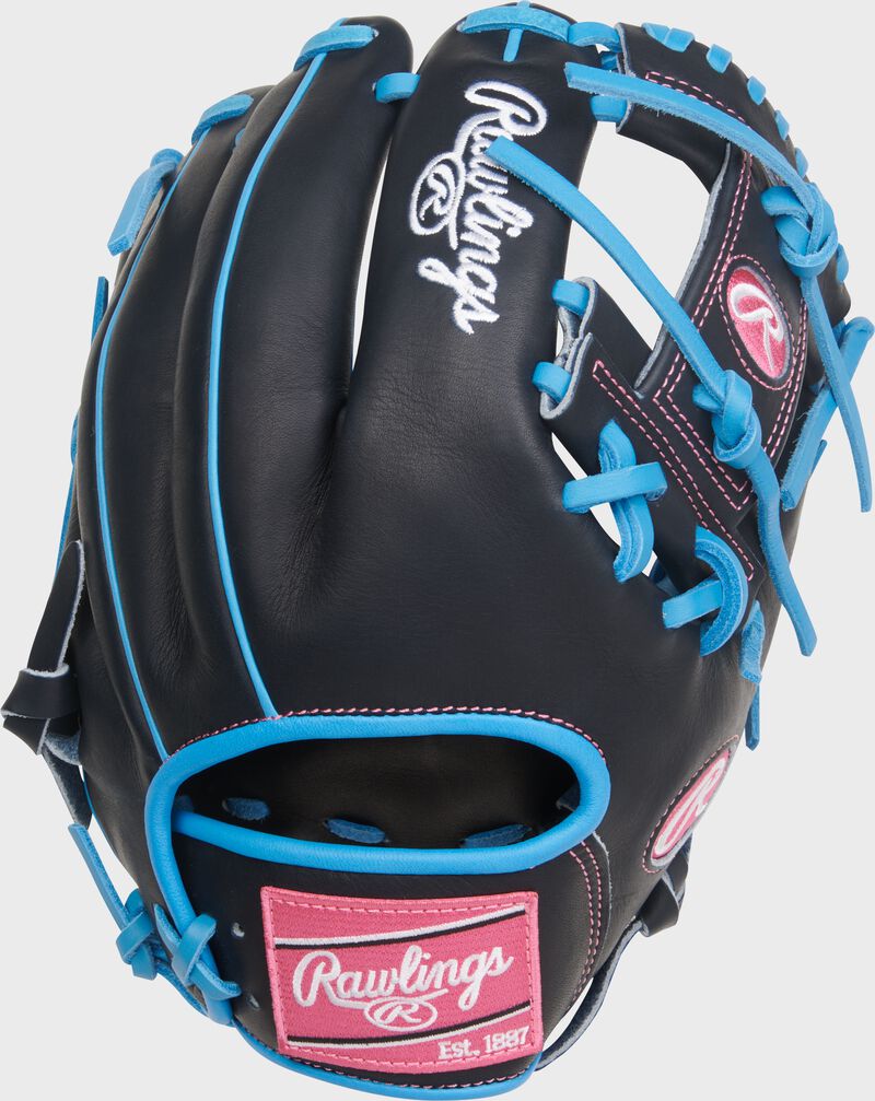 Back of a navy Heart of the Hide 11.75-Inch Infield Glove with a pink Rawlings patch