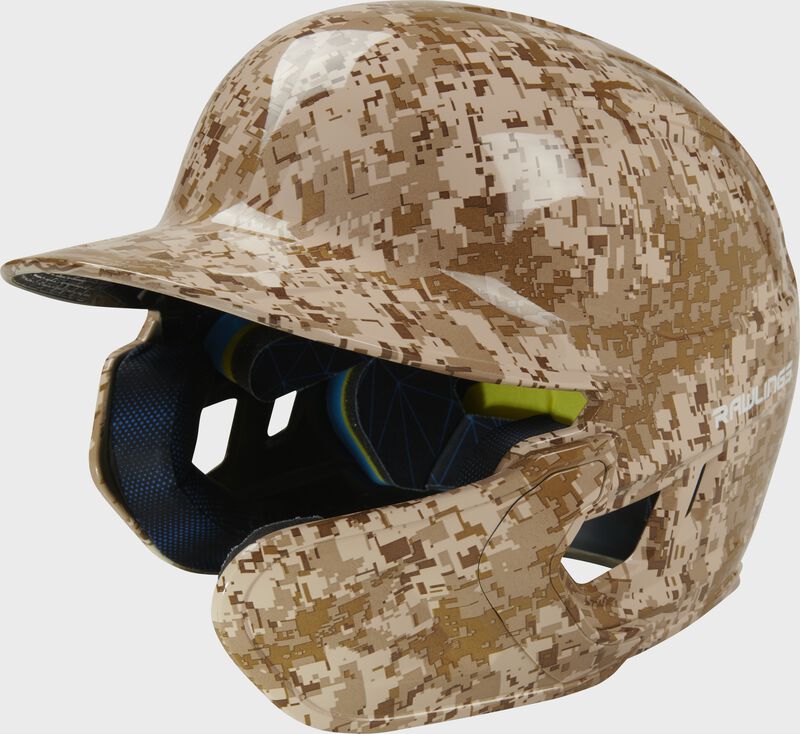 Front left-side view of Mach EXT Digi Camo Hydro Dipped Helmet | Right Handed Batter - SKU: MACHEXTR-DCMO