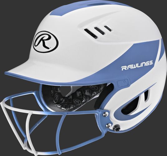 A white/columbia blue R16H2FGS Velo senior batting helmet with a white/columbia blue facemask