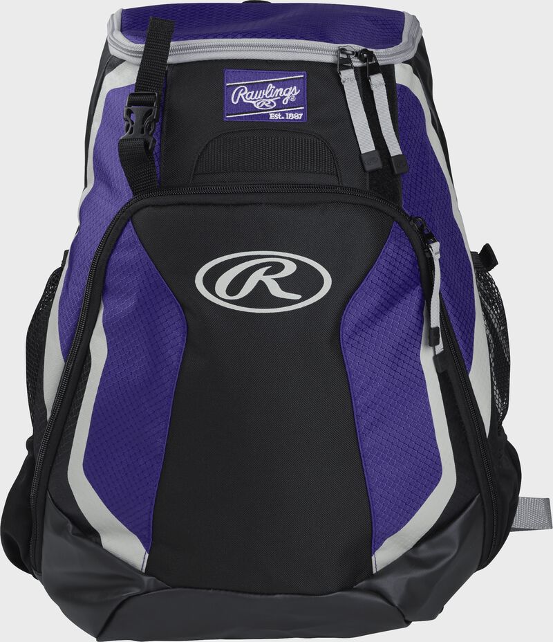 Front of a black/purple R500 Rawlings Players team backpack with a Rawlings patch and white Oval R
