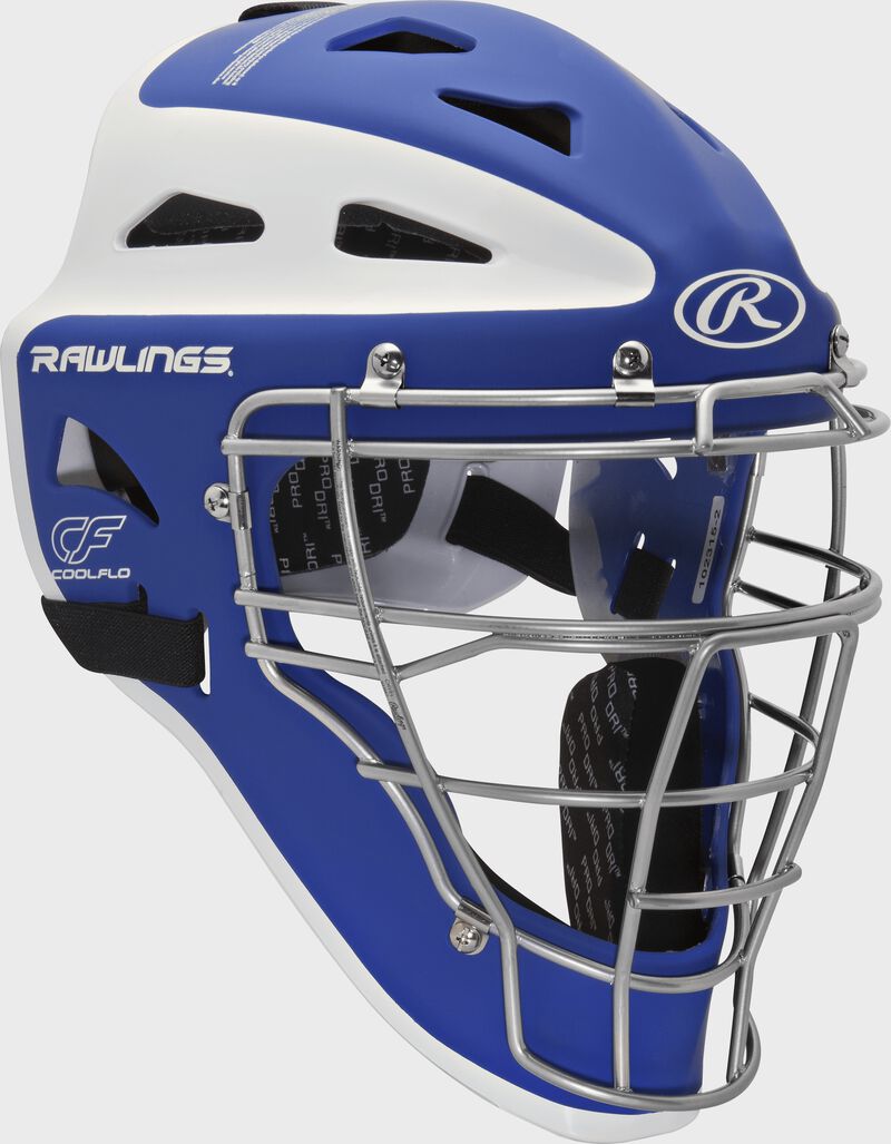 Front right of a royal/white CHVELY Rawlings Velo catcher's helmet