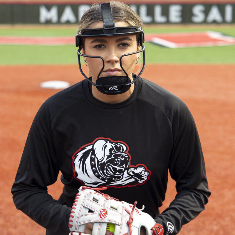 A pitcher wearing a black Hi-Viz softball fielder's mask - SKU: RSBFMV
