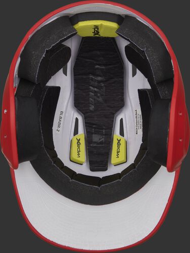 Inside of a CAR07A Rawlings MACH Carbon adult baseball helmet with IMPAX durable foam padding