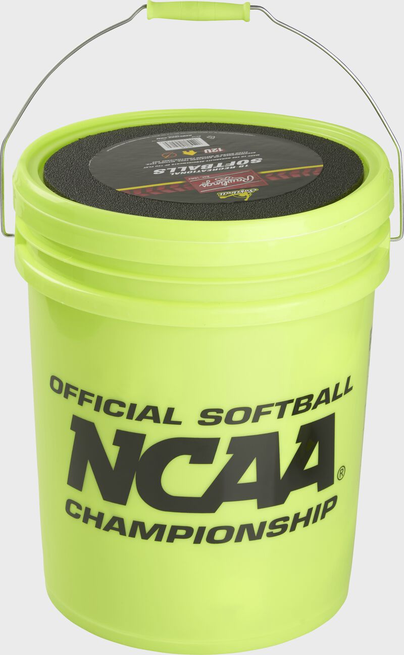 A green 6-gallon bucket of NC12BB softballs with the NCAA logo - SKU: B618