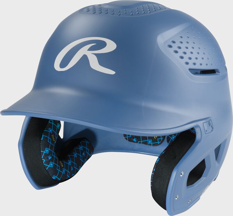 Front left of a Columbia blue Rawlings RX2 batting helmet