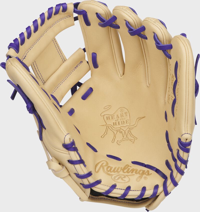 Camel Palm view of a Rawlings Trevor Story infield glove with camel web and purple laces - SKU: RSGPRONP4-2TS