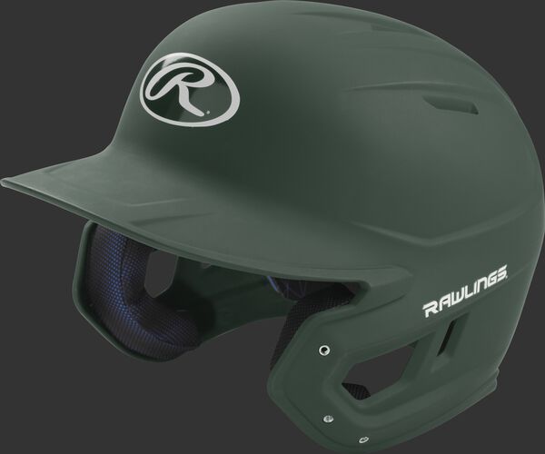 Left angle view of a Rawlings MACH Senior helmet with a one-tone matte dark green shell