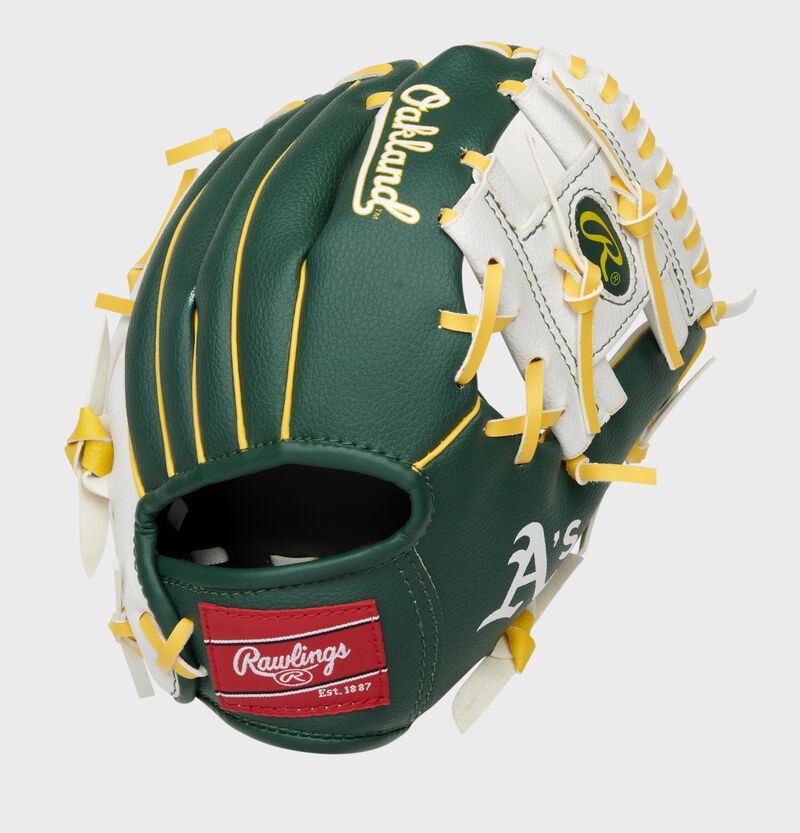 Back of a green/white Oakland Athletics I-web glove with a red Rawlings patch - SKU: 22000003111