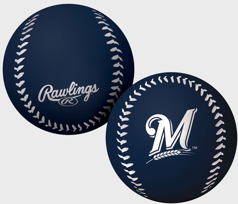 A navy Milwaukee Brewers big fly rubber bounce ball