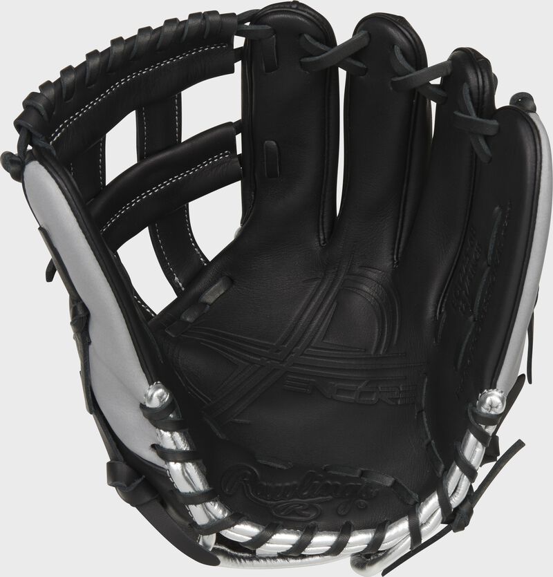Palm of a black Rawlings Encore outfield glove with black laces - SKU: EC1225-6B
