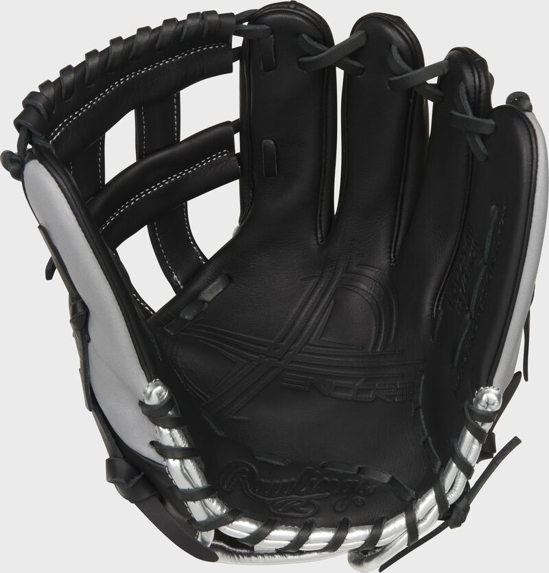Palm of a black Rawlings Encore outfield glove with black laces - SKU: EC1225-6B loading=