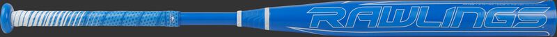 Rawlings logo on a -9 Mantra fastpitch bat with a light blue barrel and grip - SKU: FP1M9